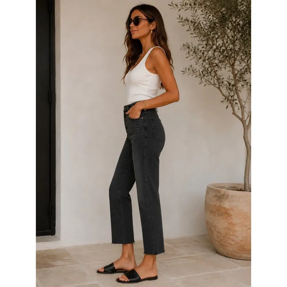 NWT RE/DONE 70s Stove Pipe Jeans 28 Washed Noir High Rise Straight Crop Raw Hem